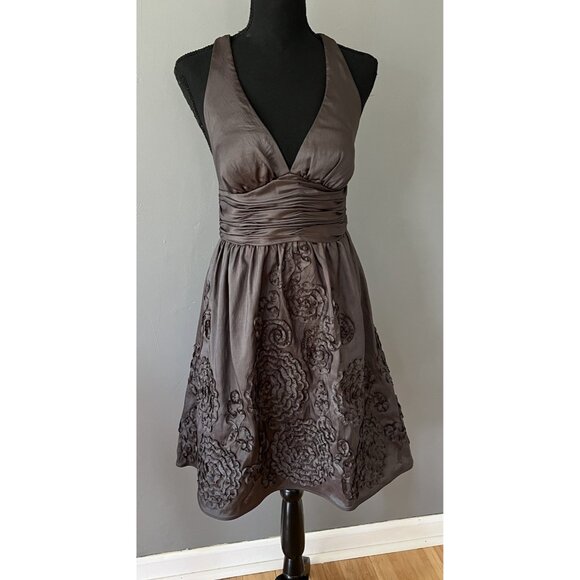 Adrianna Papell Dress Halter Fit Flare Taffeta Rosette Cocktail 10 Petite - Picture 1 of 16